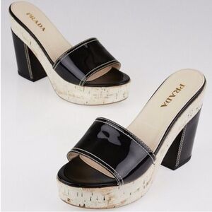 Prada Block Heels Black Patent Leather Cork Platform Slides Size EU 39.5 US 9.5